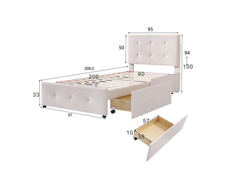  Lit avec 2 tiroirs 90x200 cm, lit simple enfant, lit capitonné en velours avec sommier, bois, blanc  - Conforama E