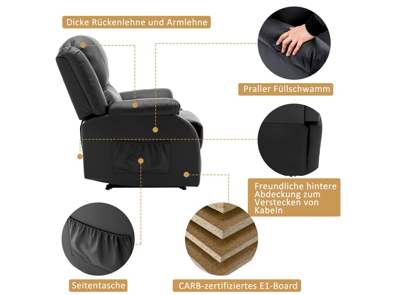 Fauteuil relax inclinable manuel 80x90x100 cm, déployé 165 cm, poche latérale, cordon de tirage, cuir pu, noir - Conforama E