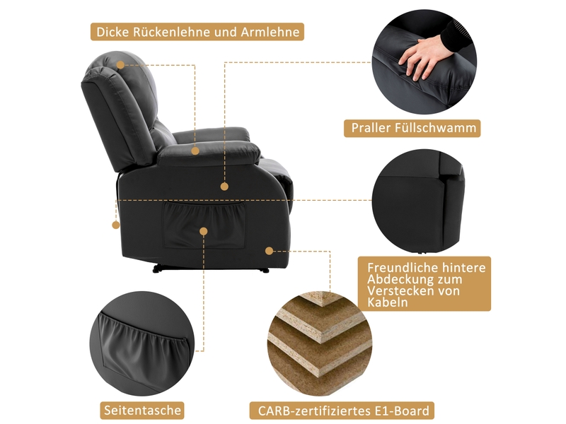  Fauteuil relax inclinable manuel 80x90x100 cm, déployé 165 cm, poche latérale, cordon de tirage, cuir pu, noir  - Conforama E