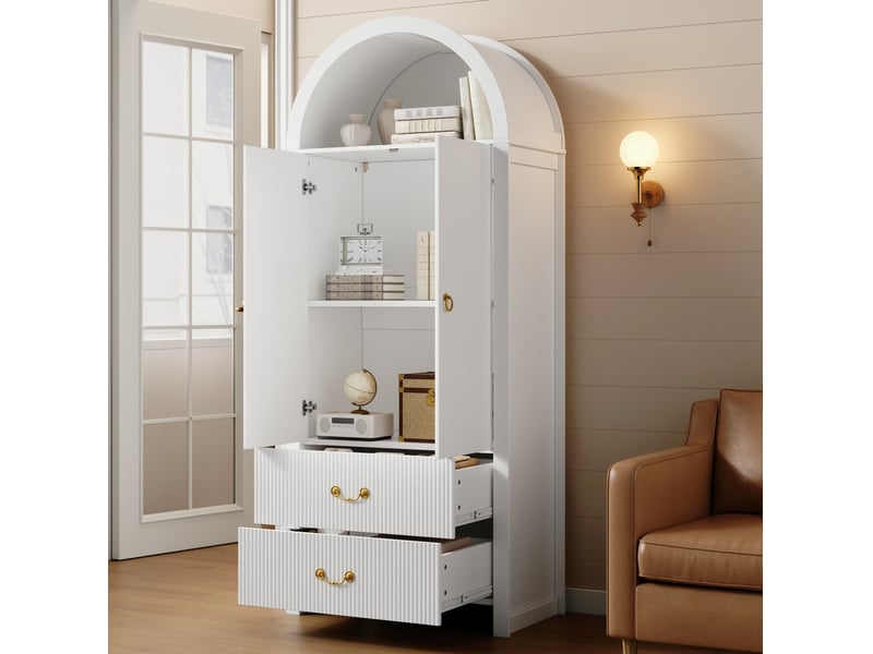  Buffet haut 76x38x180 cm avec led, 2 portes et 2 tiroirs, coloris blanc  - Conforama E