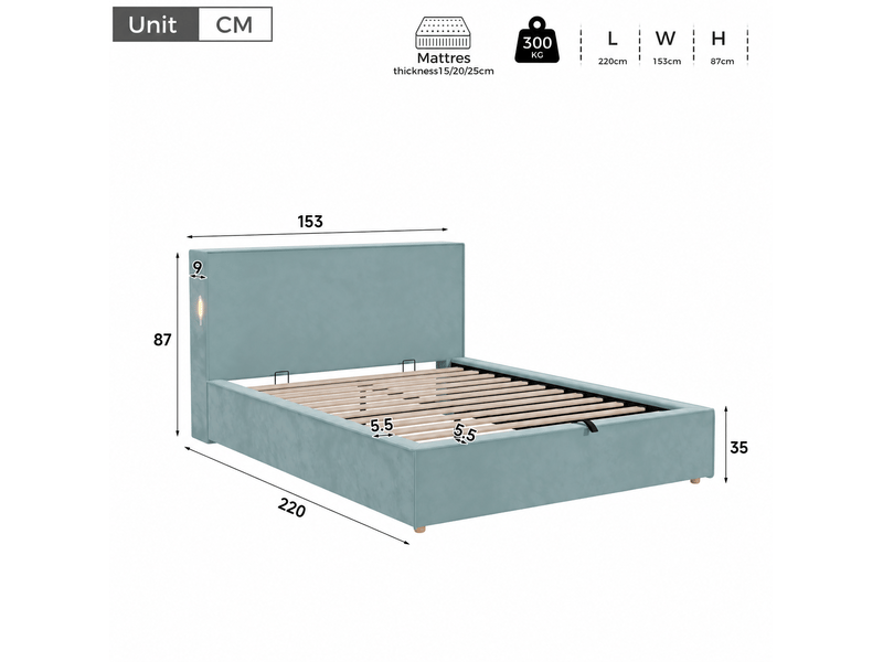  Lit coffre 2 places 140x200 cm avec sommier et tête de lit velours bleu  - Conforama C