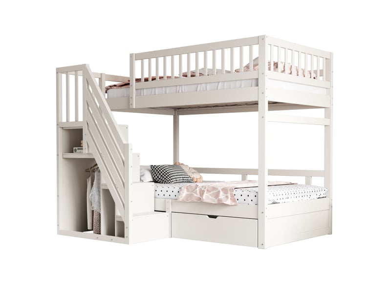 Lit superposé enfant 2x90x200 cm avec escalier de rangement et tiroirs blanc  - Conforama A