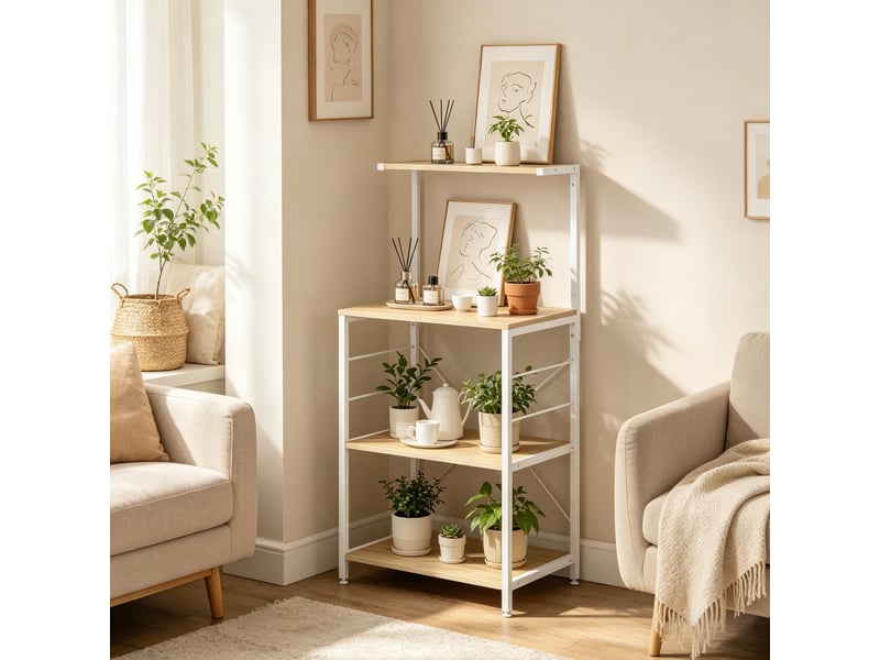  Étagère de cuisine - blanc + chêne clair - bois d'ingénierie et acier - dimensions - poids 11.4 kg 60x40x123cm - Conforama D