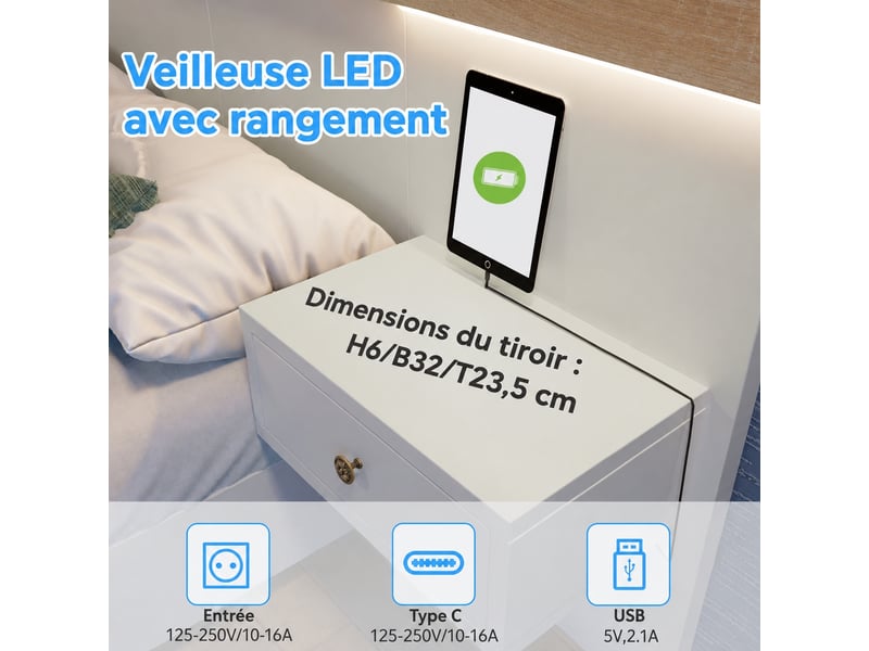 Lit double 160 x 200 cm avec 2 chevets led, usb-c, blanc et décor chêne sonoma - Conforama E