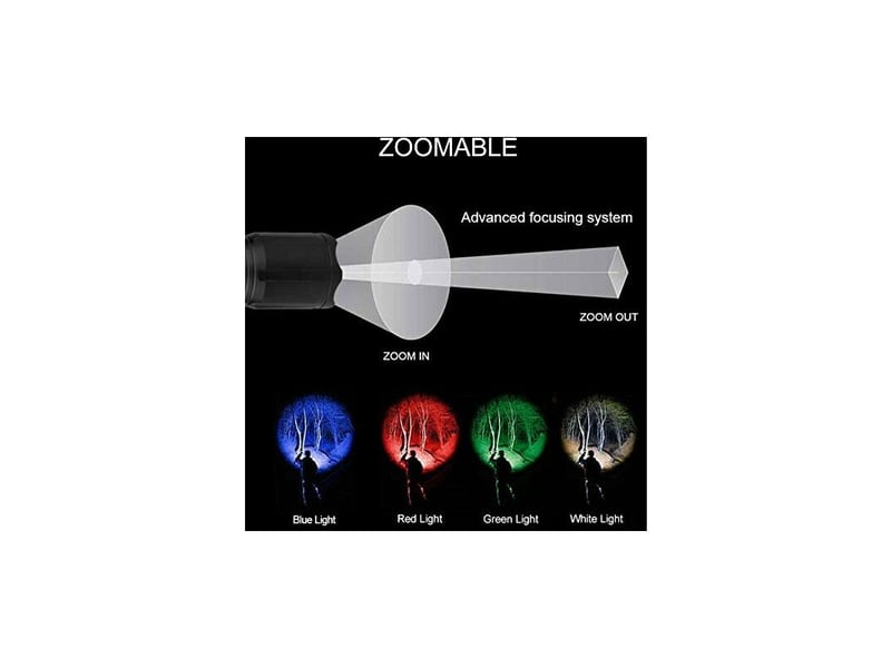  Lampe de poche tactique led avec rouge vert bleu blanc, 4 couleurs en 1 lampe torche zoomable multifonctionnelle imperméable pour vision nocturne, pêc  - Conforama B