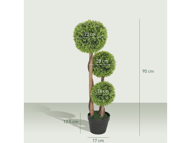 Lot de 2 plantes de buis artificielles avec 3 boules, pot et fond renforcé, hauteur 90 cm, pour une utilisation intérieure et extérieure - Conforama E
