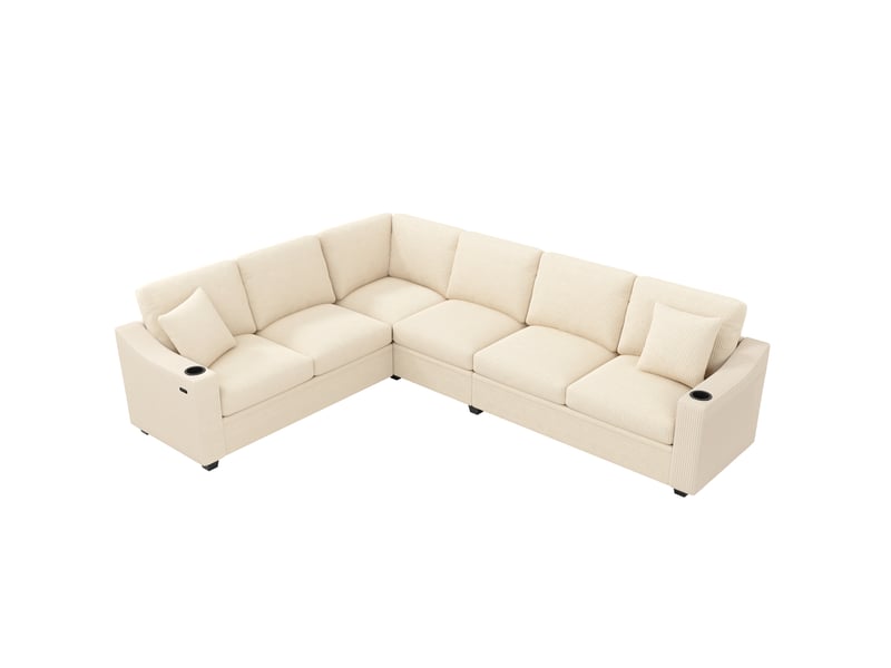  Canapé d’angle modulable 6 places en velours côtelé beige avec usb-c, 277x215x85 cm  - Conforama E
