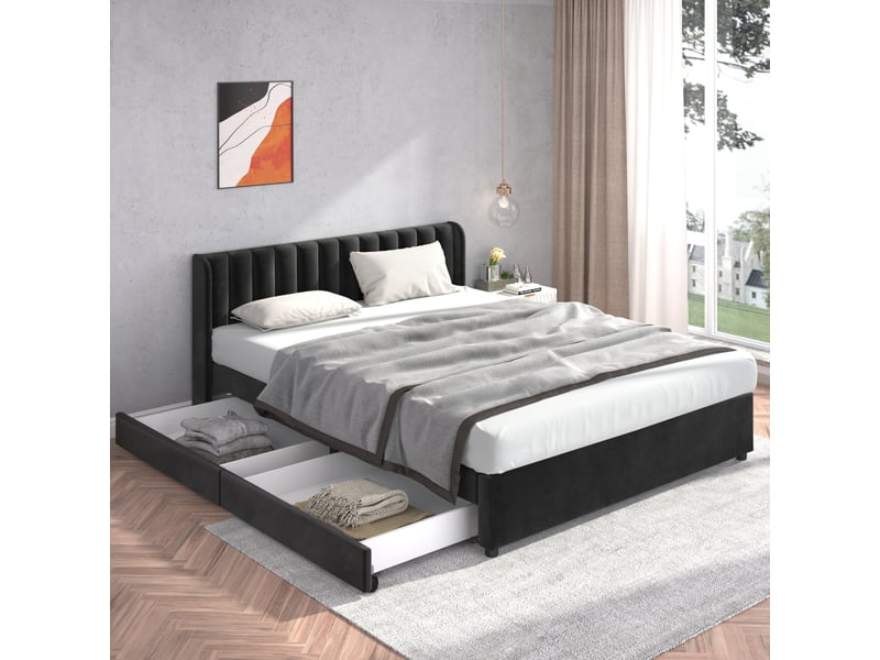  Lit coffre avec tiroirs 180x200 cm en velours, lit double avec sommier à lattes, tête de lit rembourrée et 2 tiroirs de rangement - noir (sans matelas)  - Conforama E