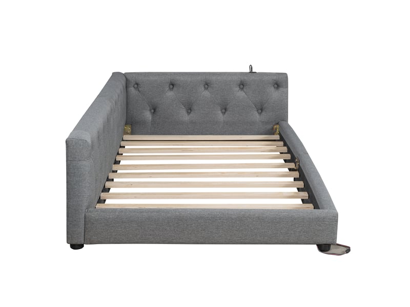  Lit enfant canapé-lit 90x200 cm avec led 7 couleurs, usb et type-c intégrés, dossier à boutons, lin et mdf, gris, sans matelas  - Conforama D