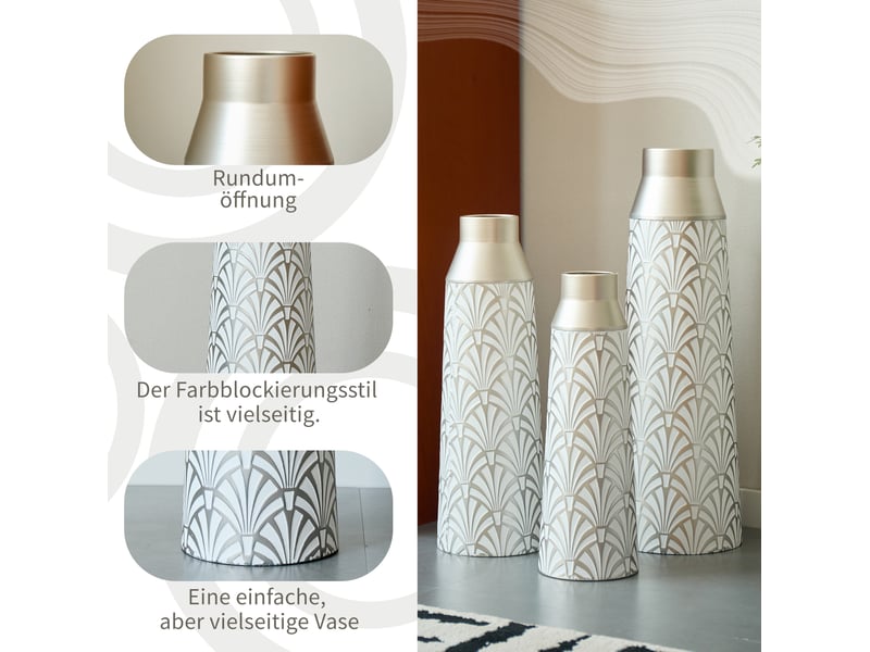  Vases de sol décoratifs en métal, lot de 3, h. 43,55161 cm – blanc et argenté – motif éventail en relief  - Conforama D