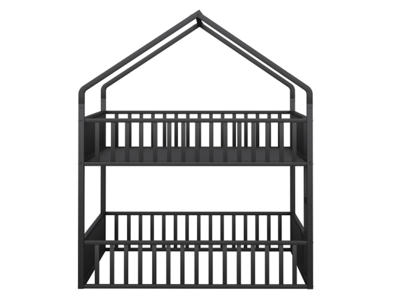 Lit superposé enfant 140x200 cm avec escalier, forme de maison, barrière de sécurité avec porte d'ouverture, en métal, sans matelas, noir - Conforama D