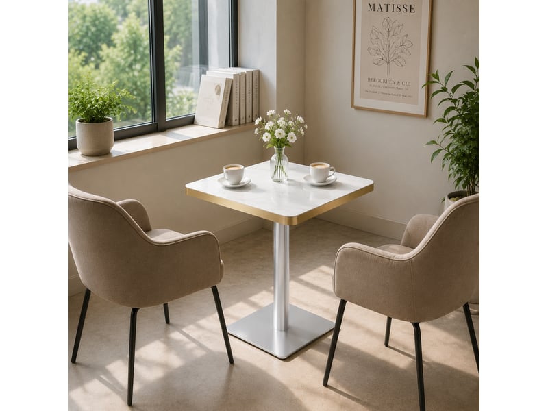  Table à manger carrée,60x60x74 cm,avec pied métal,mdf,blanc effet marbre  - Conforama D