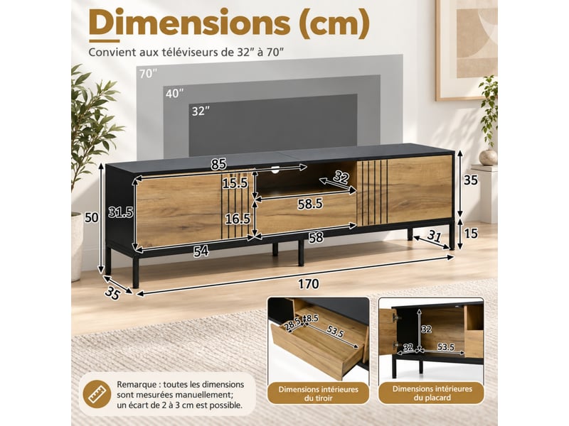  Meuble tv 170 cm décor bois et noir avec 2 portes, 1 tiroir et niches ouvertes, pour tv jusqu’à 70 pouces  - Conforama C