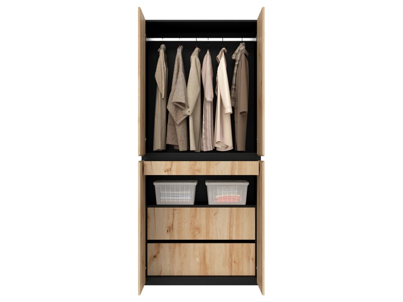  Armoire 4 portes en mdf et panneau de particules, 90 x 50 x 200 cm, bois clair et noir, avec penderie  - Conforama A