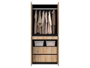 Armoire 4 portes en mdf et panneau de particules, 90 x 50 x 200 cm, bois clair et noir, avec penderie