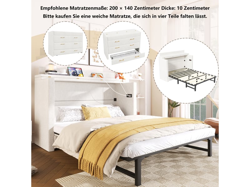  Lit escamotable 140 x 200 cm avec un tiroir, lit mobile avec compartiment de rangement, ports usb et type-c, lit plateforme convertible, sans matelas, lin, beige  - Conforama E