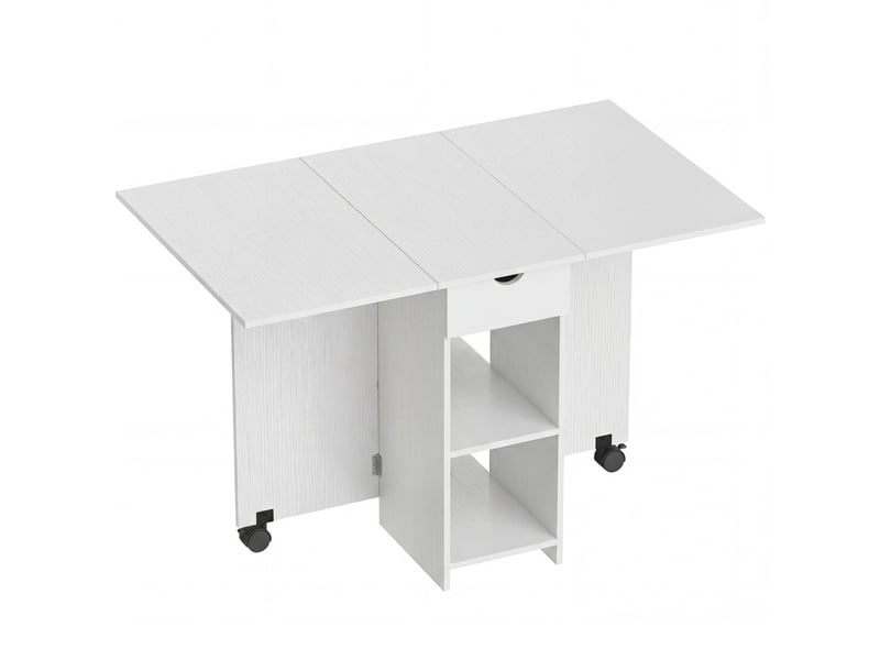 Table à manger pliable extensible 4 personnes - 2 abattants, 2 étagères, tiroir, roulettes - aspect bois blanc - Conforama A