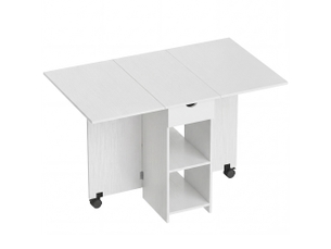 Table à manger pliable extensible 4 personnes - 2 abattants, 2 étagères, tiroir, roulettes - aspect bois blanc