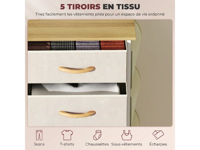  Commode 5 tiroirs en tissu, meuble de rangement avec 4 poches, 2 crochets, structure en acier, 45 x 30 x 94,5 cm, beige  - Conforama D