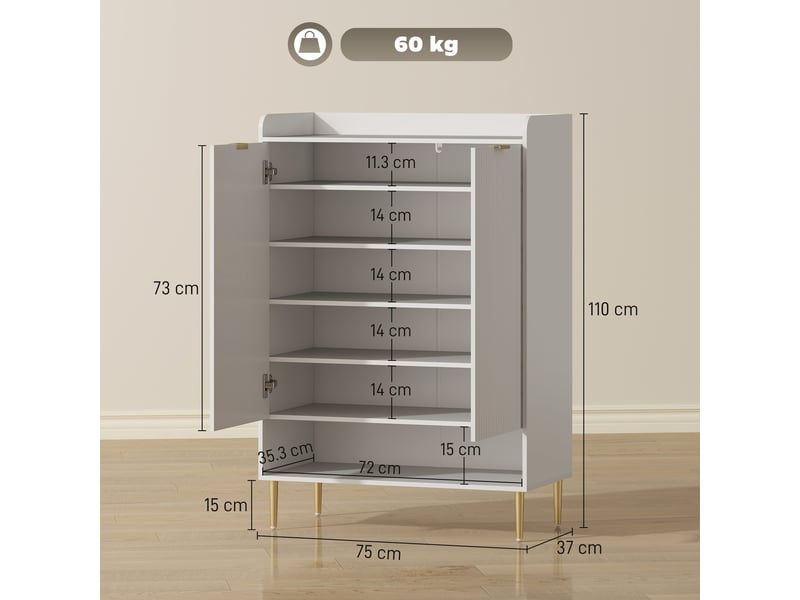  Étagère à chaussures gain de place pour 24 paires de chaussures, avec 2 portes, 3 étagères coulissantes et une étagère inférieure, blanche  - Conforama D