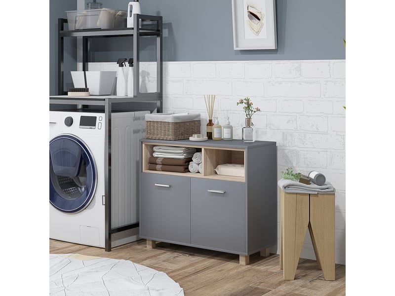  Meuble de salle de bain moderne avec étagères ouvertes et compartiment de rangement à 2 portes, 80 x 35 x 70 cm, gris  - Conforama D