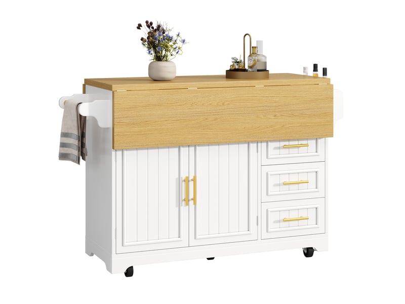  Îlot de cuisine mobile 120 x 40 x 95 cm, plateau extensible, 3 tiroirs, 2 portes et roulettes, blanc, en mdf robuste  - Conforama A