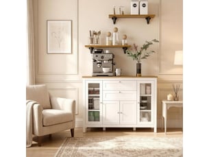 Buffet vaisselier 120 x 40 x 90 cm blanc avec plateau effet bois, portes en verre, 2 tiroirs, étagères ajustables, charge 60 kg salon