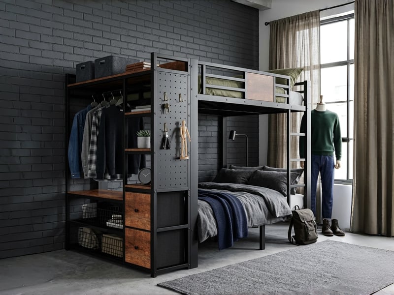  Lit superposé 120 x 200 cm, lit en métal noir avec finition effet bois, avec armoire de rangement et panneau perforé  - Conforama B