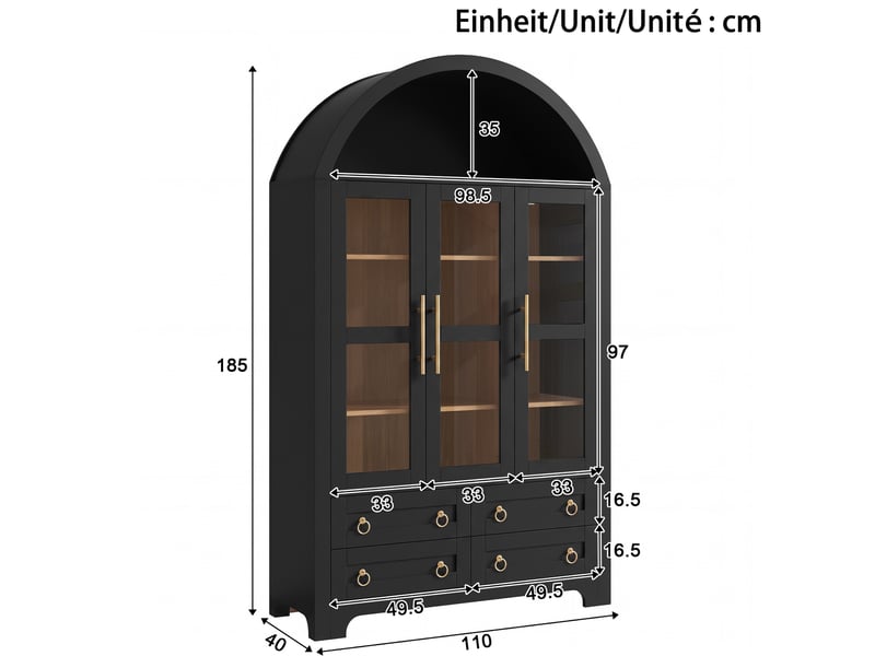 Buffet haut 110 x 40 x 185 cm – noir – 3 portes vitrées, 4 tiroirs et niche arquée de présentation - Conforama C
