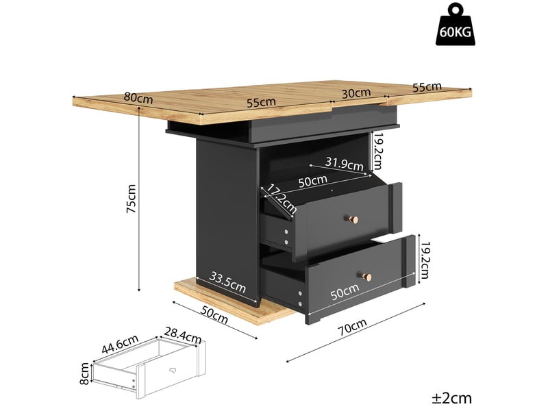  Table de séjour rectangulaire avec allonge noir - 80x110-140max.cm mdf table noir - Conforama C