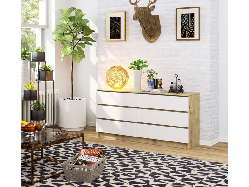  Grande commode pour le salon akord k160 chêne artisan 160 cm 6 tiroirs façade blanche 160x40x77 cm  - Conforama B