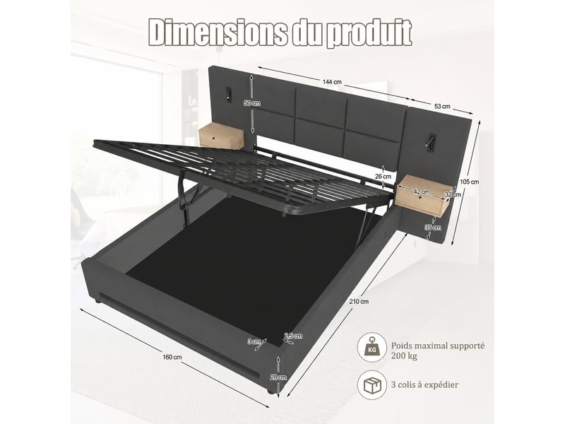  Lit coffre 160 x 200 cm en velours gris foncé, ouverture hydraulique, tiroirs, led et usb-c  - Conforama C