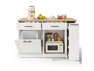 Desserte de cuisine avec plateau rabattable, 2 tiroirs, rangement à épices et poubelle, mdf blanc, 120 × 70 × 93 cm