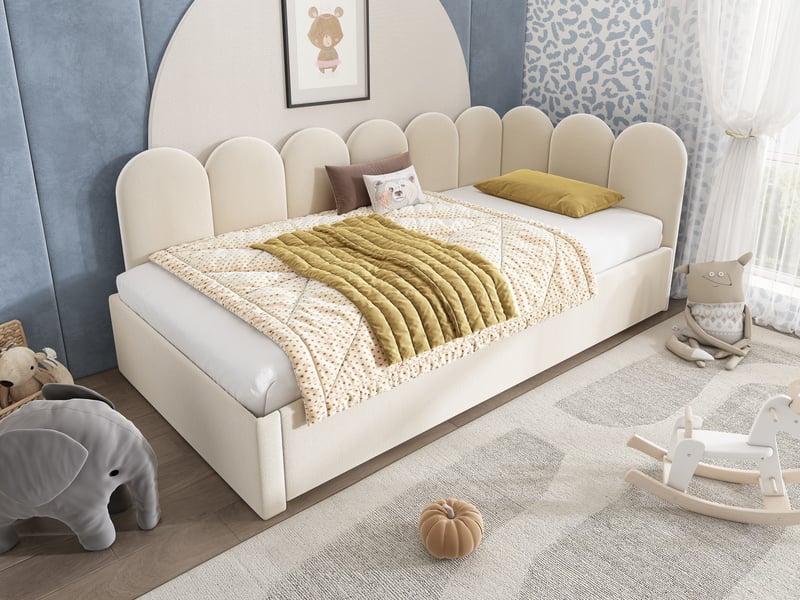  Lit banquette 90 × 200 cm, lit gigogne 90 × 190 cm, dossier capitonné, revêtement en velours, sans matelas, beige  - Conforama B