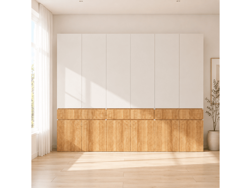  Armoire 12 portes 270 x 50 x 200 cm, 3 tiroirs et 3 tringles, chêne clair gris  - Conforama D