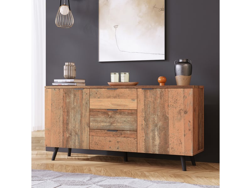  Buffet meuble tv 140 cm avec 3 tiroirs et 2 portes style vintage marron  - Conforama B