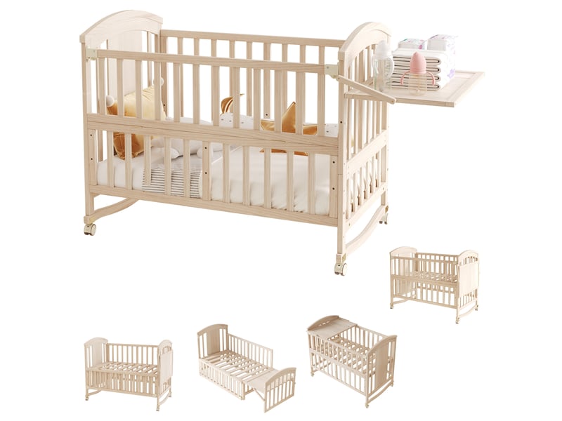 Lit bébé évolutif 1 place 120×60 cm, table à langer et roulettes - okmyhome- bois naturel, sans matelas  - Conforama E