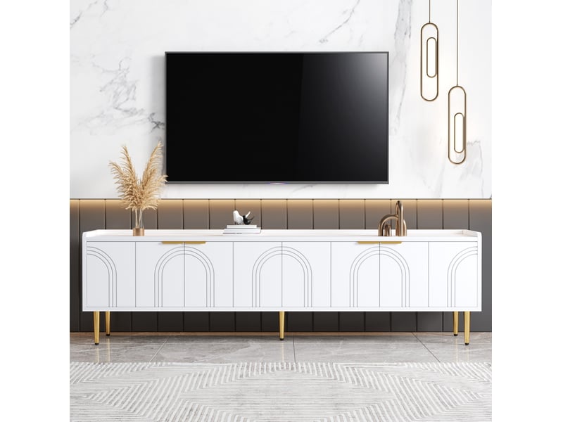  Meuble tv bas 170x35x47,5 cm, design sculptural, poignées et pieds dorés, rangements modulables, structure mdf, blanc  - Conforama D