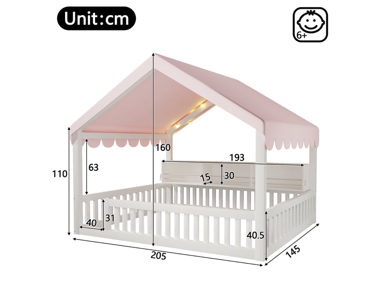  Lit enfant 140 × 200 cm 2 places avec led, étagère et barrières, sans matelas, en mdf et pin, blanc  - Conforama D