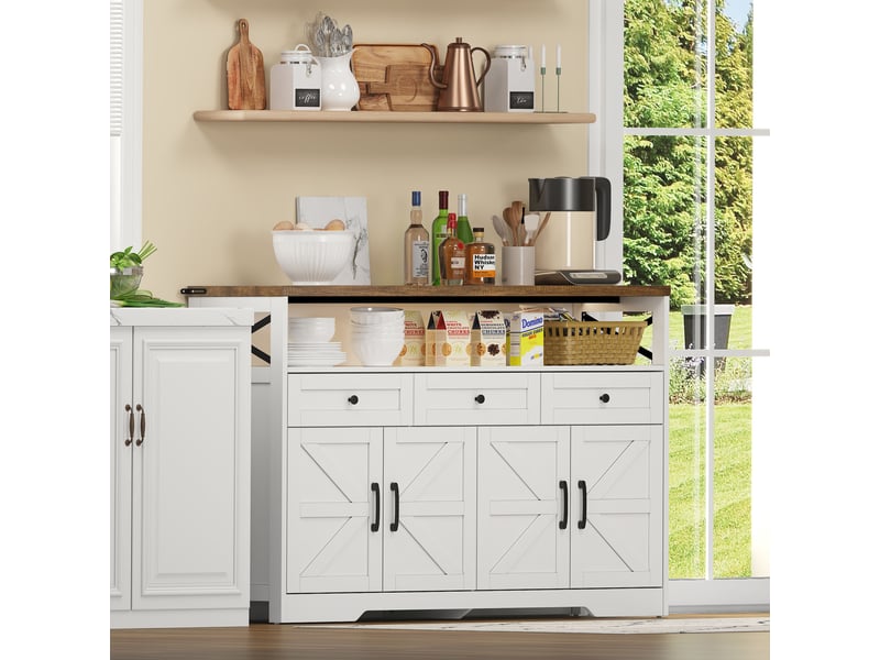 Buffet de salle à manger 140 cm avec rangement, 3 tiroirs et portes, style campagne blancmarron - Conforama B