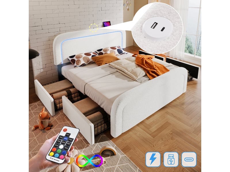  Cadre de lit rembourré 160x200 cm avec port de charge usb-c, éclairage led et 4 tiroirs ; tête de lit réglable en hauteur, sommier à lattes en bois  - Conforama D
