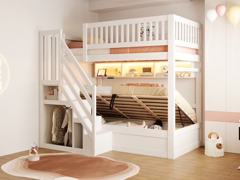  Lit mezzanine  90×200, escalier rangement, mécanisme hydraulique, étagère, led, prises eu, barrières hautes, blanc  - Conforama B