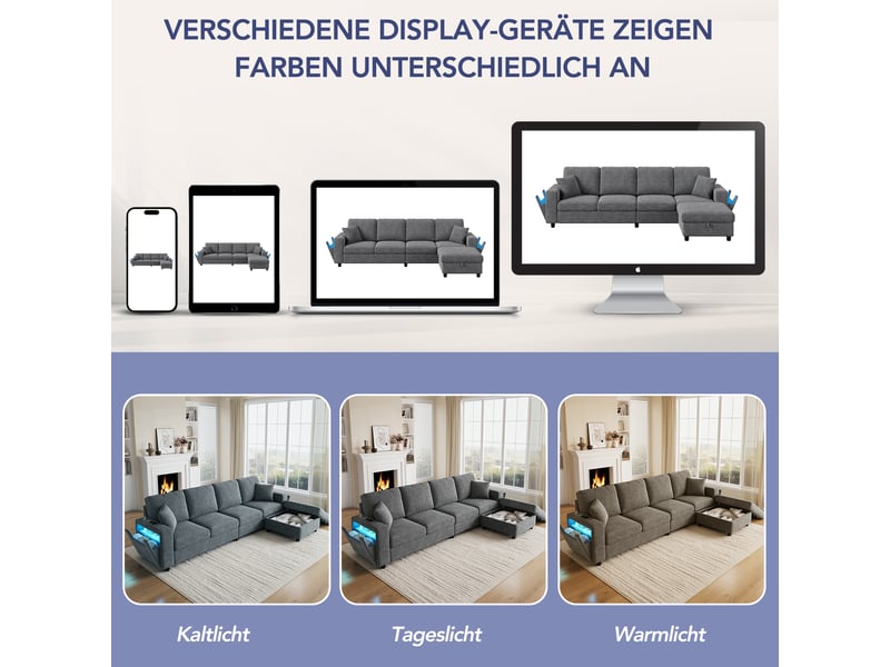  Canapé d'angle 4 places modulable, pouf coffre, accoudoir led usb et type-c, polyester gris, 282×153×82 cm  - Conforama E