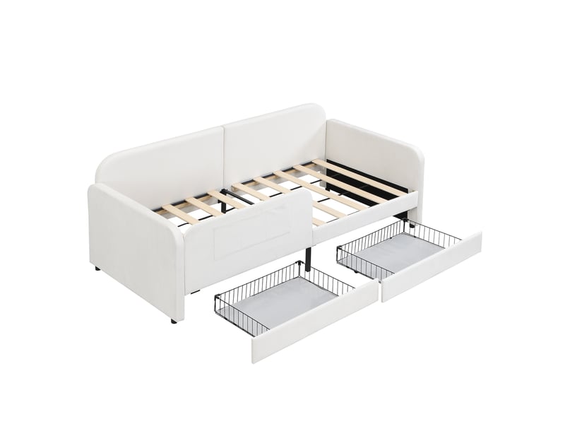  Lit enfant modulable, lit capitonné, méridienne, canapé-lit avec cadre en métal, 3 petits compartiments de rangement, 2 tiroirs sur roulettes, velours + mdf + contreplaqué, blanc, 90 x 200 cm  - Conforama E