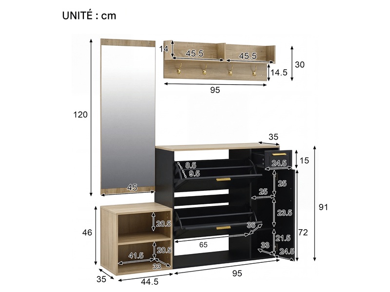  Vestiaire d'entrée 4 pièces avec meuble chaussures banc et miroir noir et naturel N657P37471213S - Conforama C