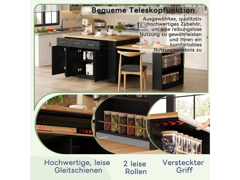  Îlot de cuisine 150 × 90 × 90 cm noir et naturel, mdf, plateau effet bois, table extensible 96 cm et nombreux rangements  - Conforama E