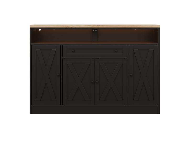  Buffet avec led rgb et  avec 4 portes et tiroir, buffet salon 140x35x95 cm en mdf noir, meubles de rangement  - Conforama E