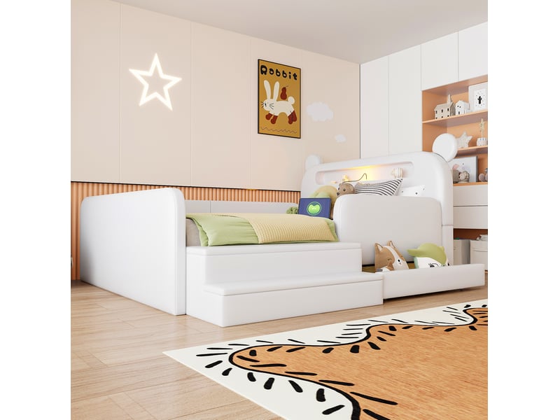  Lit enfant 140 × 200 cm 2 places avec rangement, usb, veilleuse et assise, sans matelas, en similicuir blanc  - Conforama C
