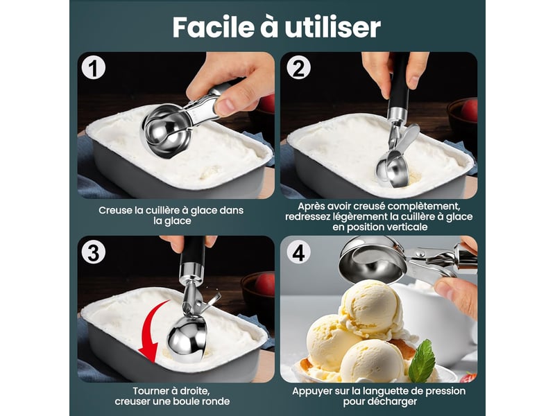  Cuillere a glace en acier inoxydable 20.5 cm - cuillère à glace avec gâchette et poignée confortable, poli miroir  - Conforama C