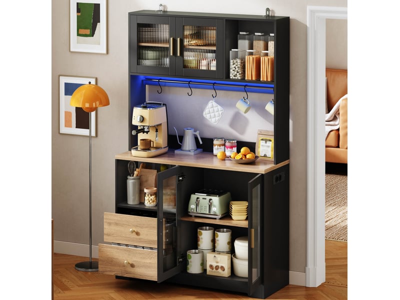 Buffet de cuisine haut 4 portes vitrées, 2 tiroirs, led et prises pour cuisine en mdf noir 110 × 40 × 178 cm  - Conforama D